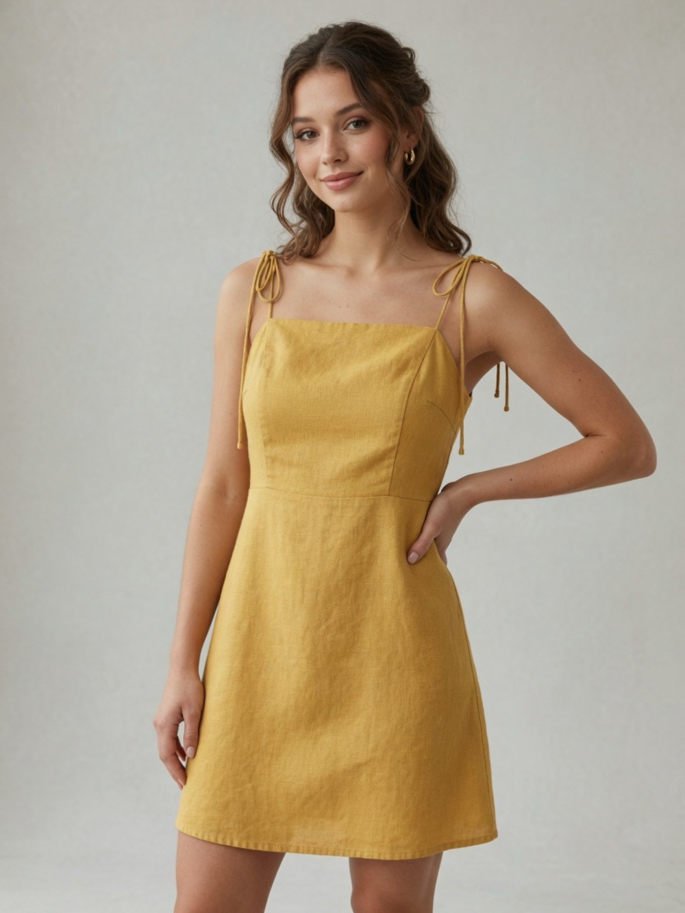 Old Navy Mustard Yellow Smocked Linen Tie-Strap Dress Size S